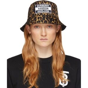 Auth Burberry London M Logo Tan and Black Animal Leopard Print Satin Bucket Hat